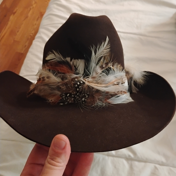 Brown Felt Fedora Hat with Feather Trim